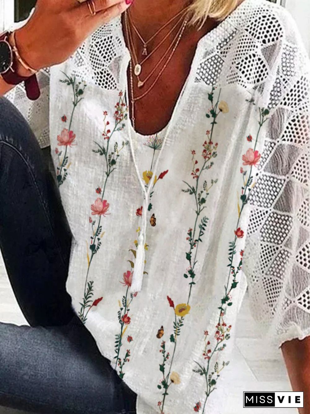 Casual Floral Three Quarter V Neck Plus Size Printed Tops