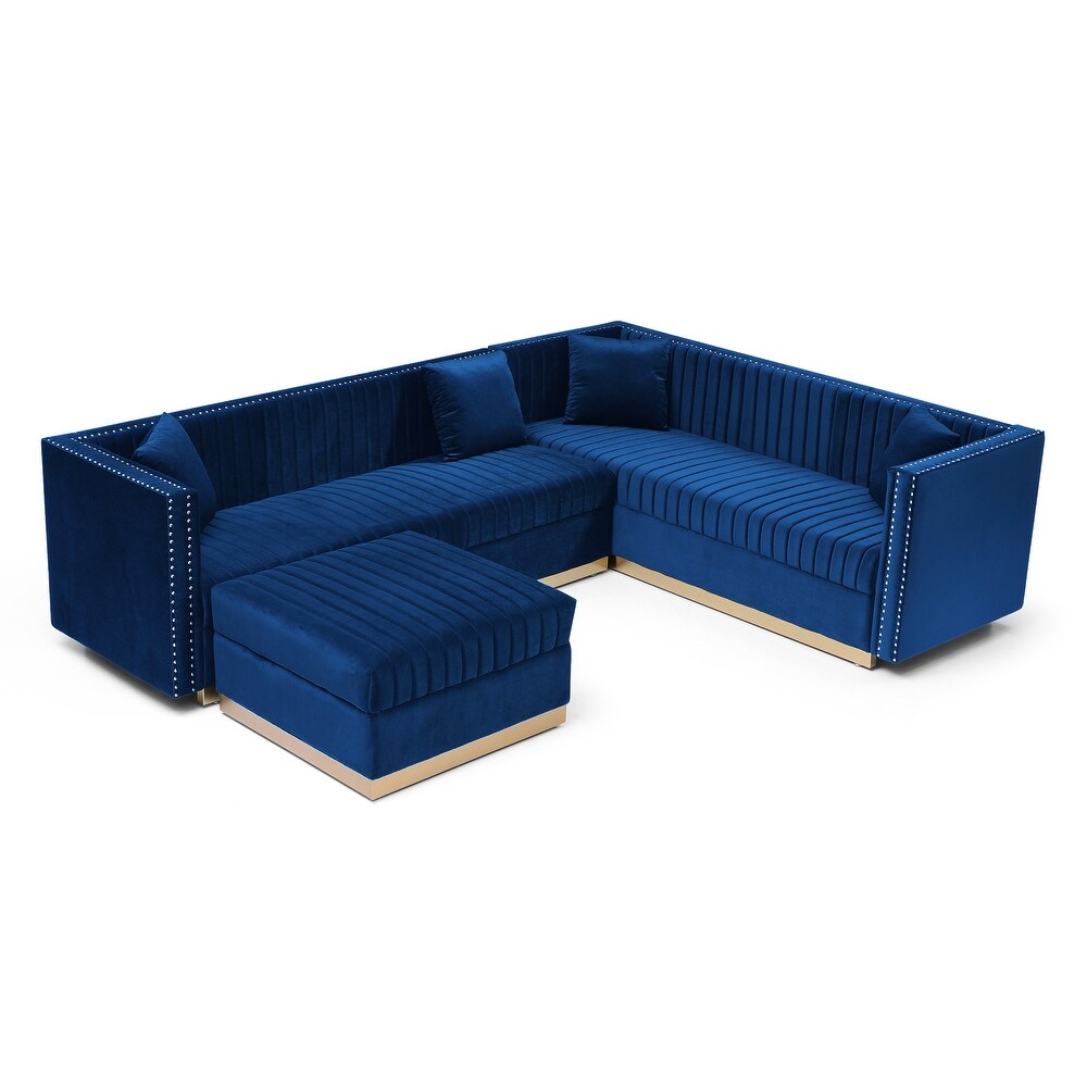 Vertical Channel Tufted Velvet Sectional Sofa  L Shaped Upholstered Corner Couch with Ottoman and 4 Pillows  Nailhead Trimming