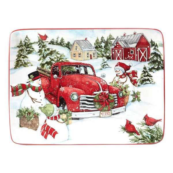 Certified International Red Truck Snowman Rectangular Platter，16 X 12