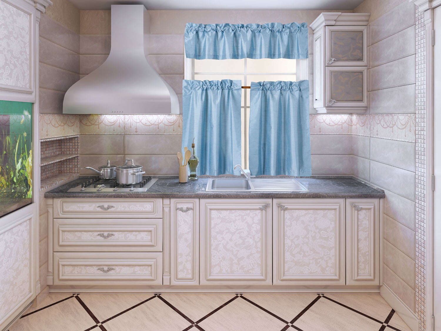 3-Piece K3 Light Blue Blackout Rod Pocket Kitchen Curtain Set， Two (2) Geometric Design Tier Panels With One (1) Matching Swag Valance Included