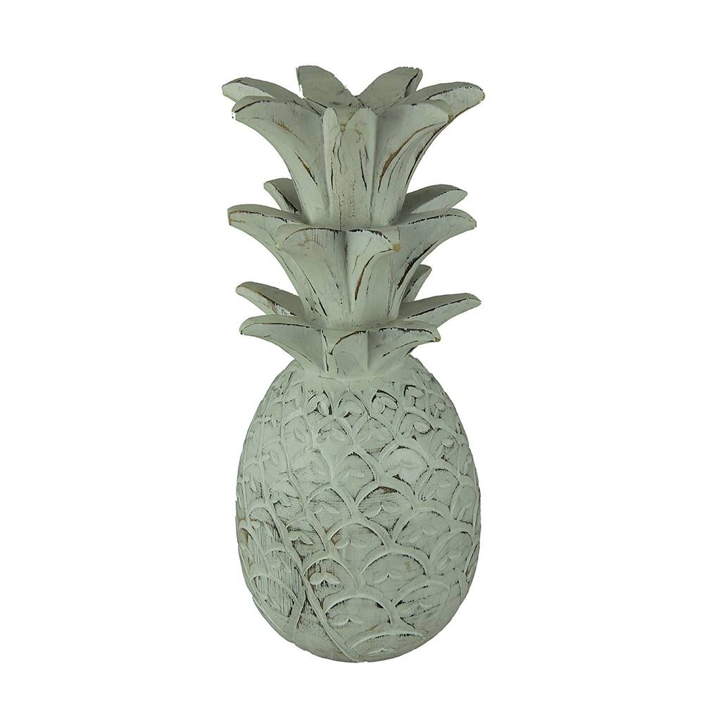 Rustic White Carved Wood Tropical Pineapple Decor Statue   14.75 X 6.25 X 6.25 inches