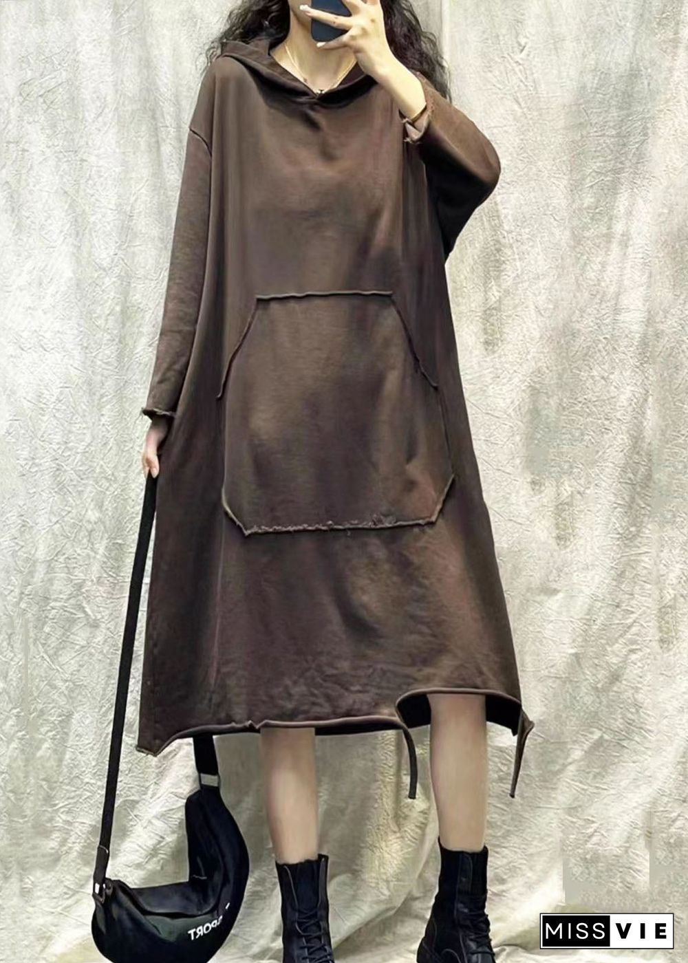 Fashion Chocolate Hooded Ripped Patchwork Cotton Sweatshirts Dress Fall