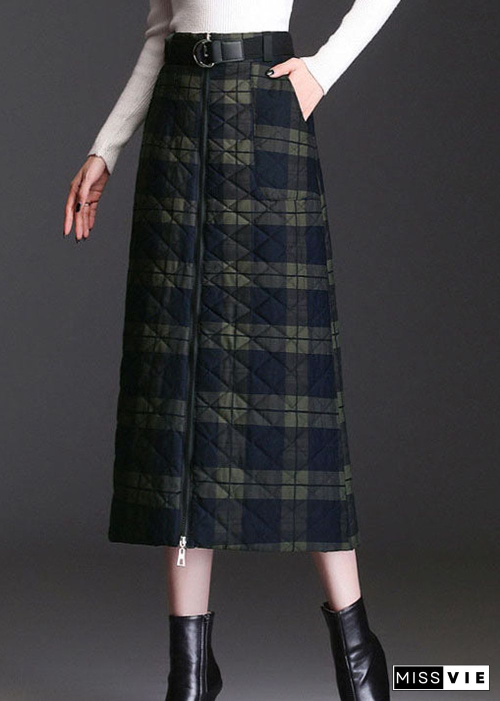 Women Green Zip Up Plaid Fine Cotton Filled Skirts Winter