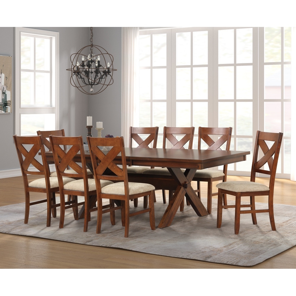 Roundhill Furniture Karven Wood 9 Piece Dining Set  Extendable Trestle Dining Table with 8 Chairs  Dark Hazelnut