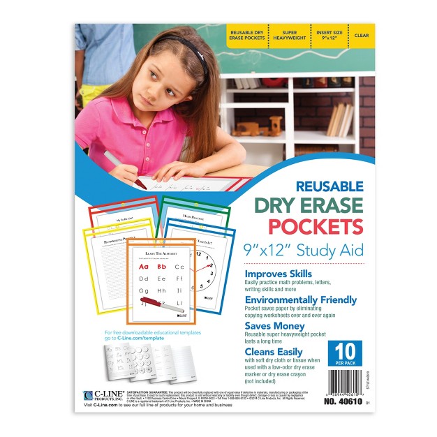 C line Reusable Dry Erase Pockets Primary Colors 9 X 12 Pack Of 10