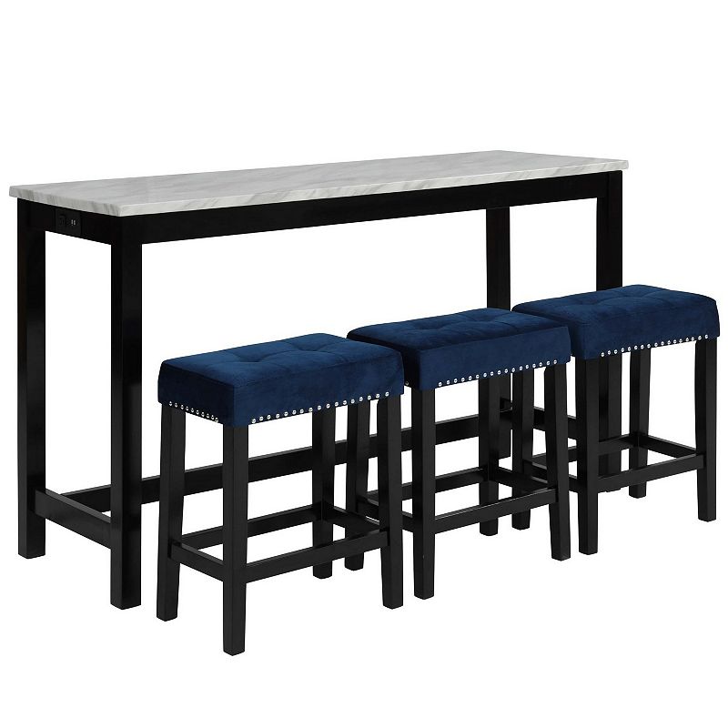 Kate 60 Inch 4 Piece Bar Table Set with Upholstered Stools， Blue