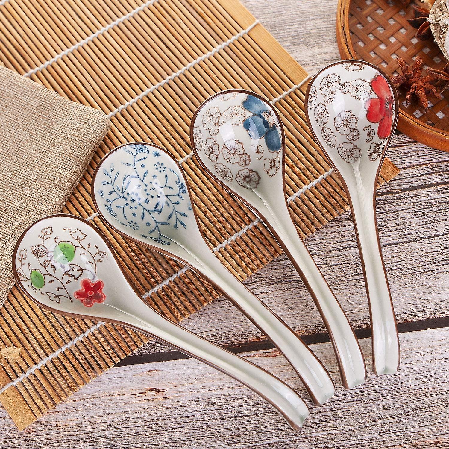 Set Of 4 Chinese/japanese Ceramic Soup Spoons， Vintage Hand Painted Floral Pattern Ceramic Spoon