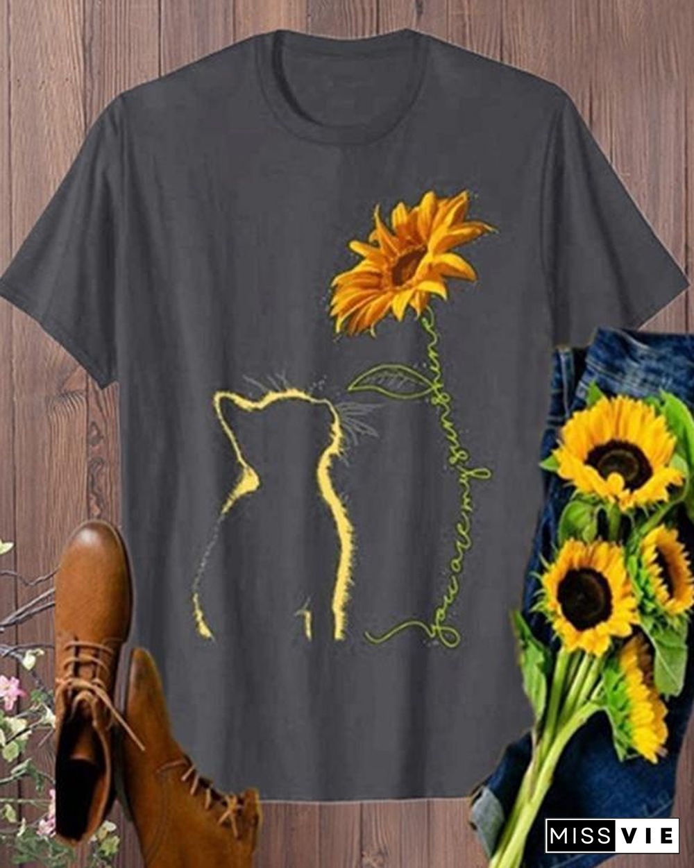 Vintage Cat And Sunflower Printed Plus Size Short Sleeve Casual Tops Shirts