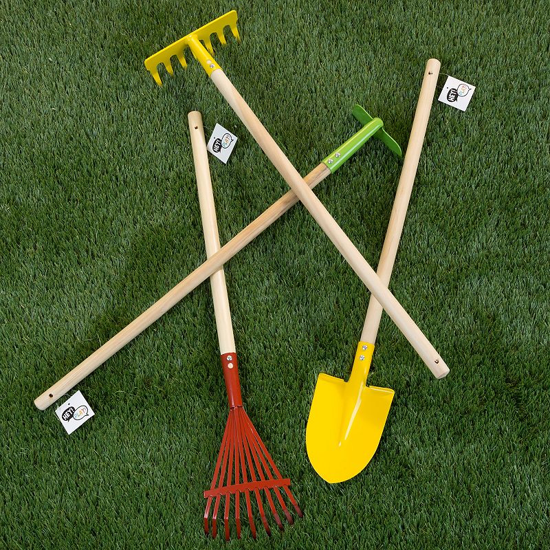 Hey! Play! Kid's Garden Tool Set with Child Safe Shovel， Rake， Hoe and Leaf Rake