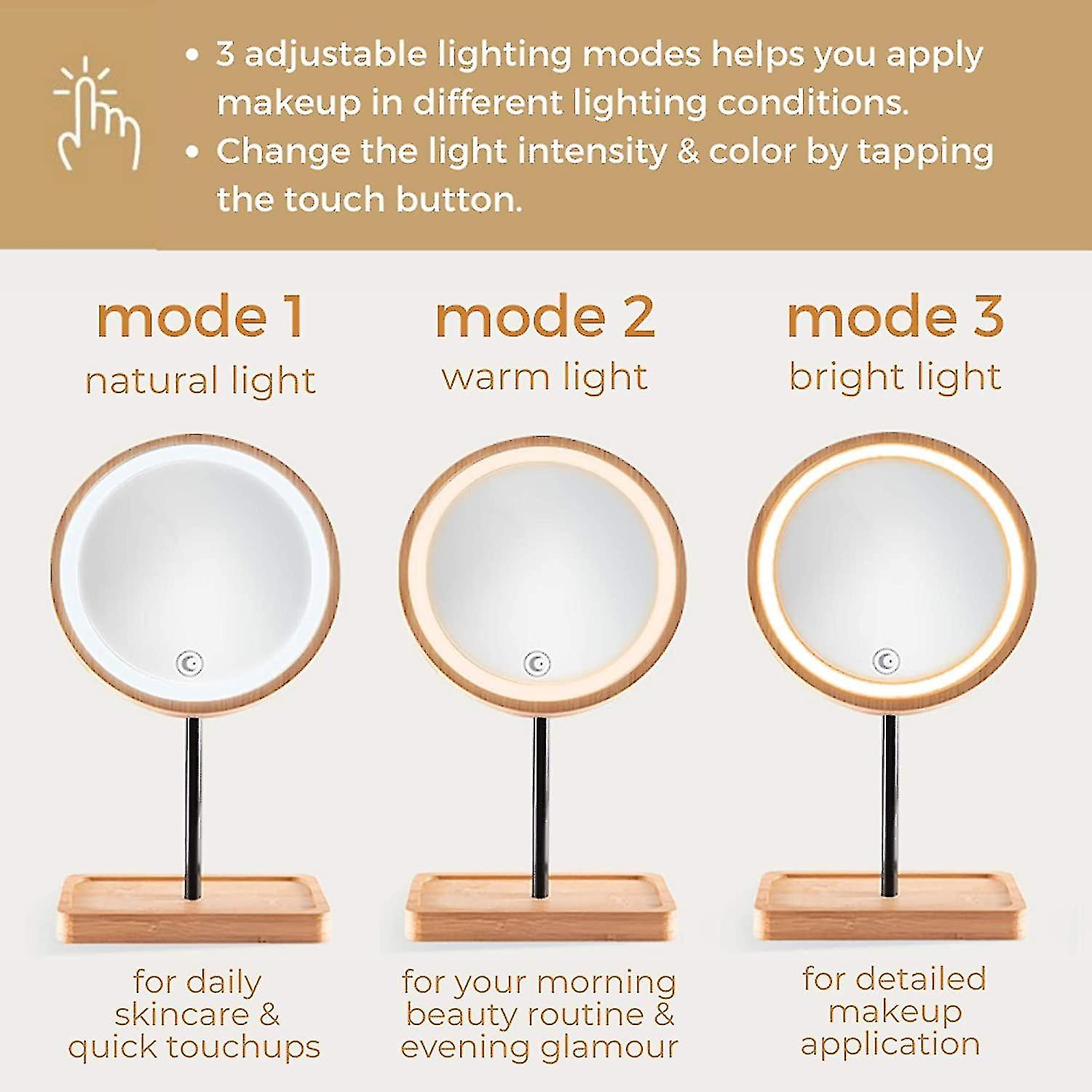 Lighted Led Makeup Mirror Vanity Mirror With 3 Color Lights， Cordless Usb Rechargeable Battery， 360 Rotation， Bamboo Wood Beauty Storage Tray， Tableto