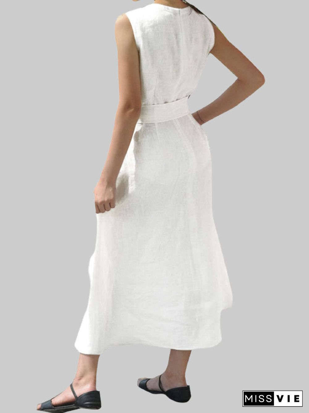 Lace Patch Round V-neck Pocket Sleeveless Cotton Dress with Belt