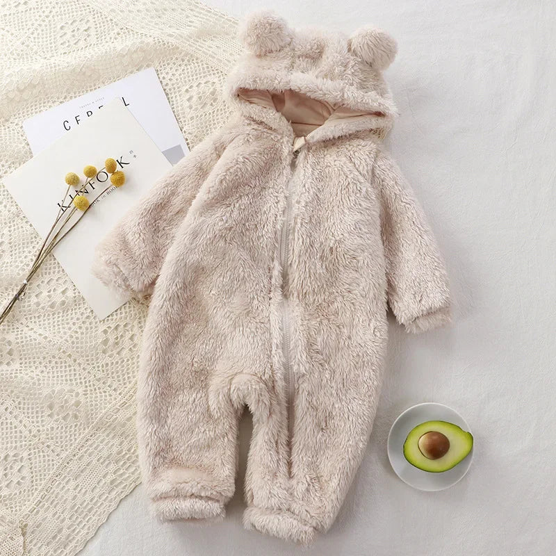 Thick Warm Baby Rompers Cute Winter Infant Jumpsuits Hooded Coral Fleece Bear Shape Newborn Soft Pajamas Overalls Clothing