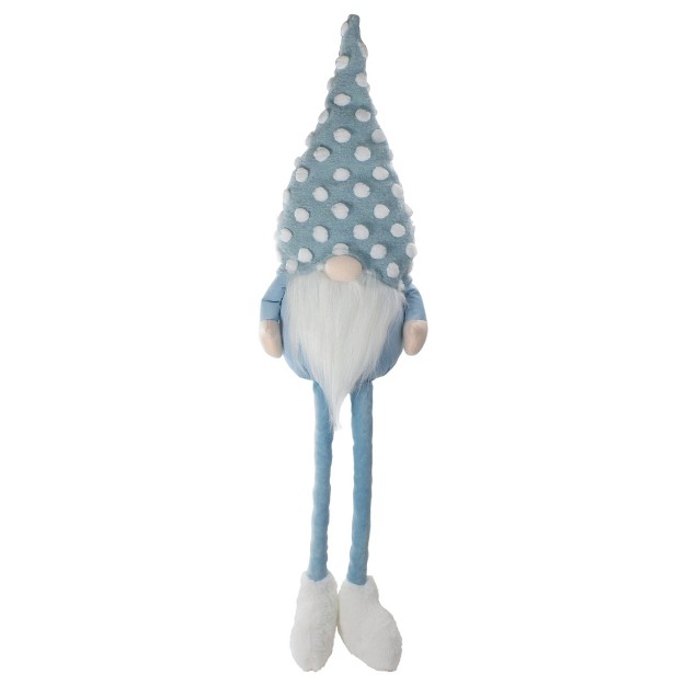 Blue And White Sitting Spring Gnome Figure With A Polka Dot Hat And Legs