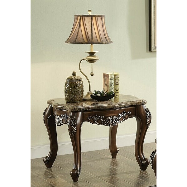 Square Marble Top End Table in Antique Oak Finish