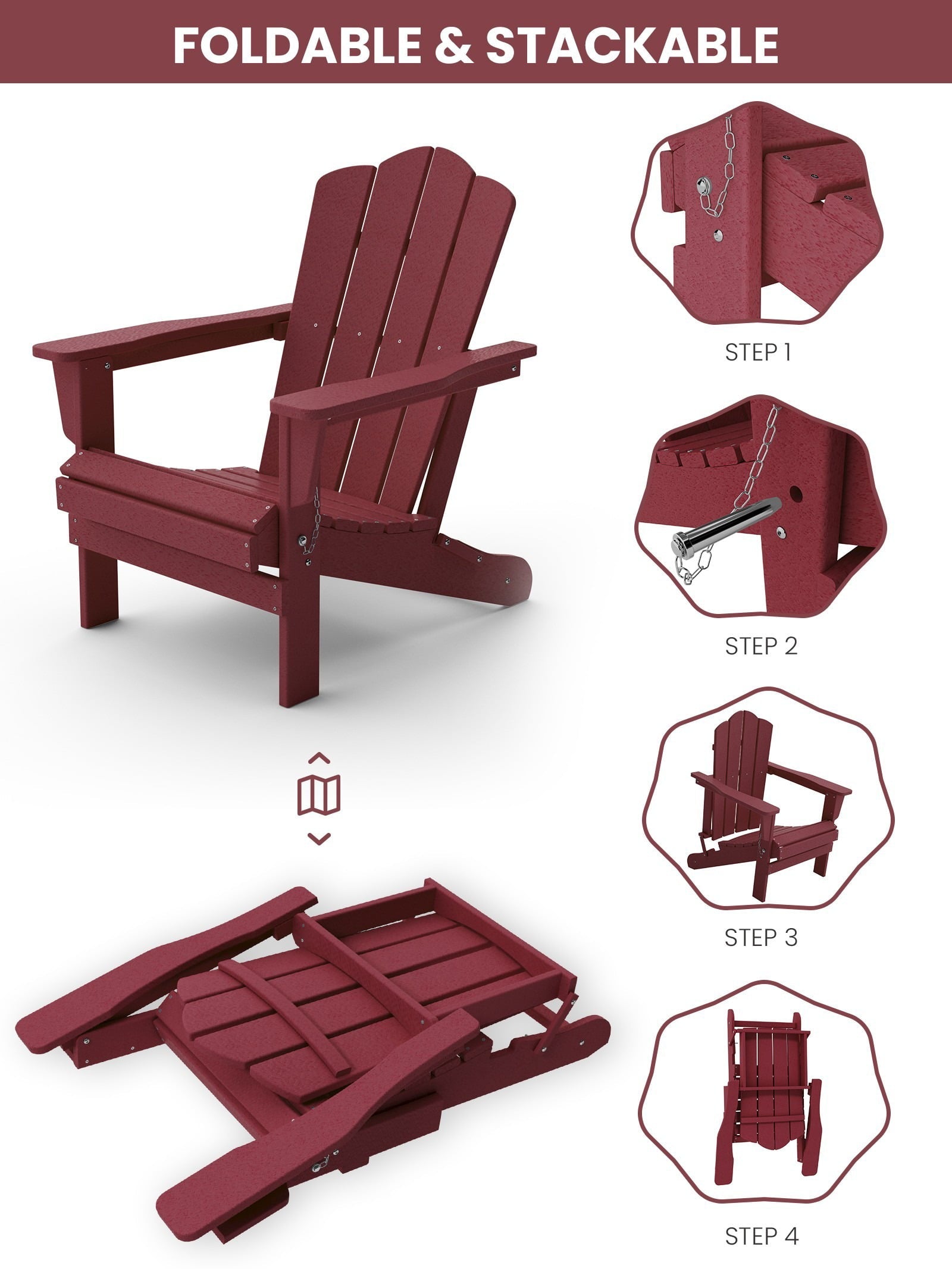 Folding Outdoor Patio Plastic Adirondack Chair for Garden, Red