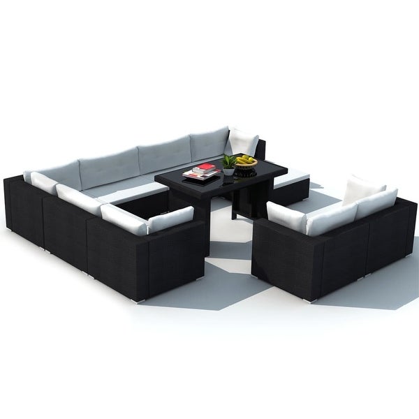 10 Piece Patio Lounge Set with Cushions Poly Rattan Black - Overstock - 37574267