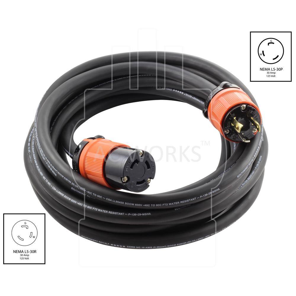 AC WORKS 50 ft. Soow 103 3-Prong Nema L5-30 125-Volt 30 Amp Generator Rubber Extension Cord L530PR-050E