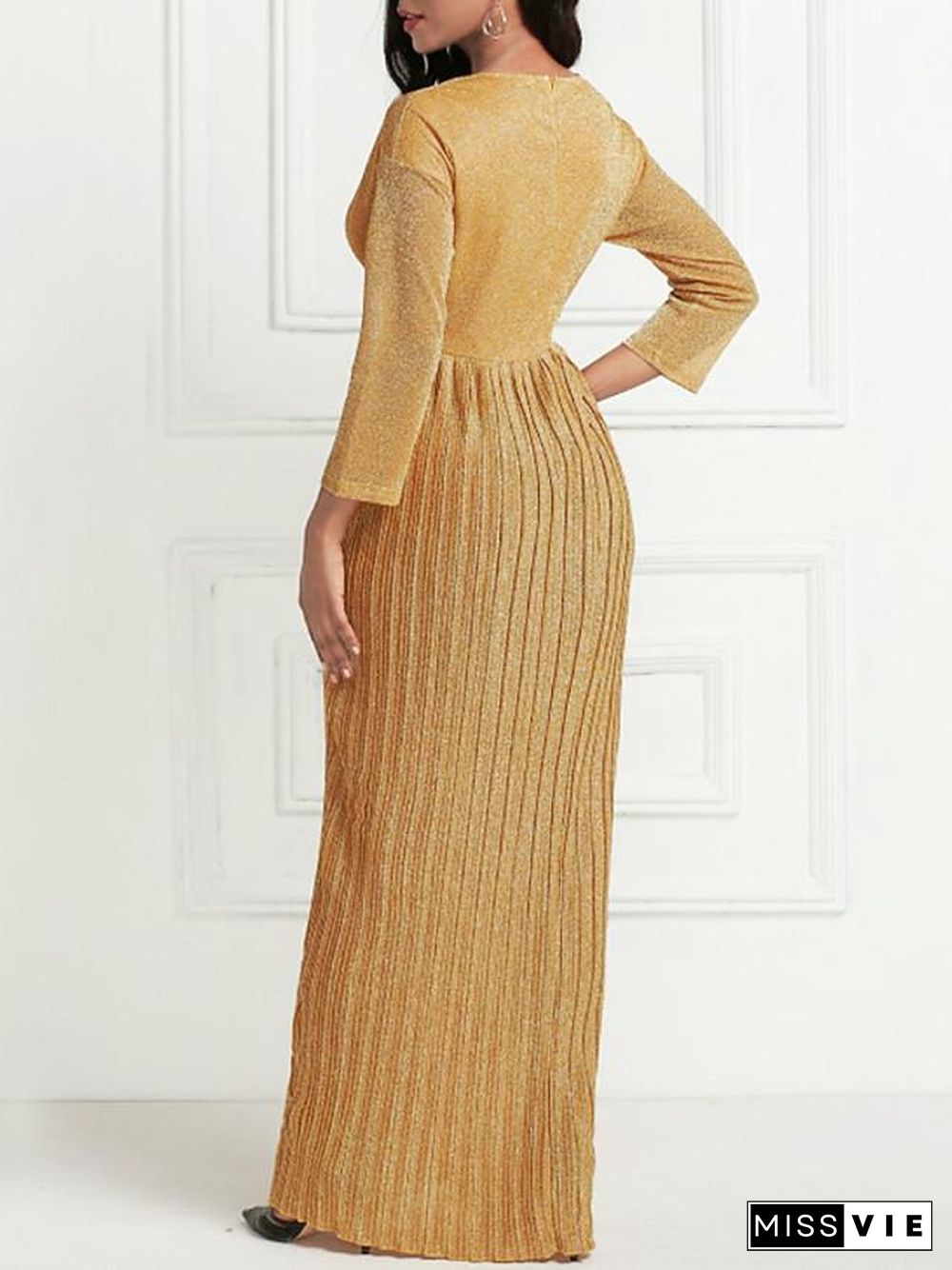 Women's Maxi long Dress 3/4 Length Sleeve Pleated Summer Hot Formal  Gold S M L XL XXL