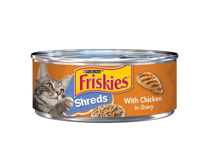 Purina Friskies Shreds With Chicken in Gravy Wet Cat Food， 5.5 oz. Can