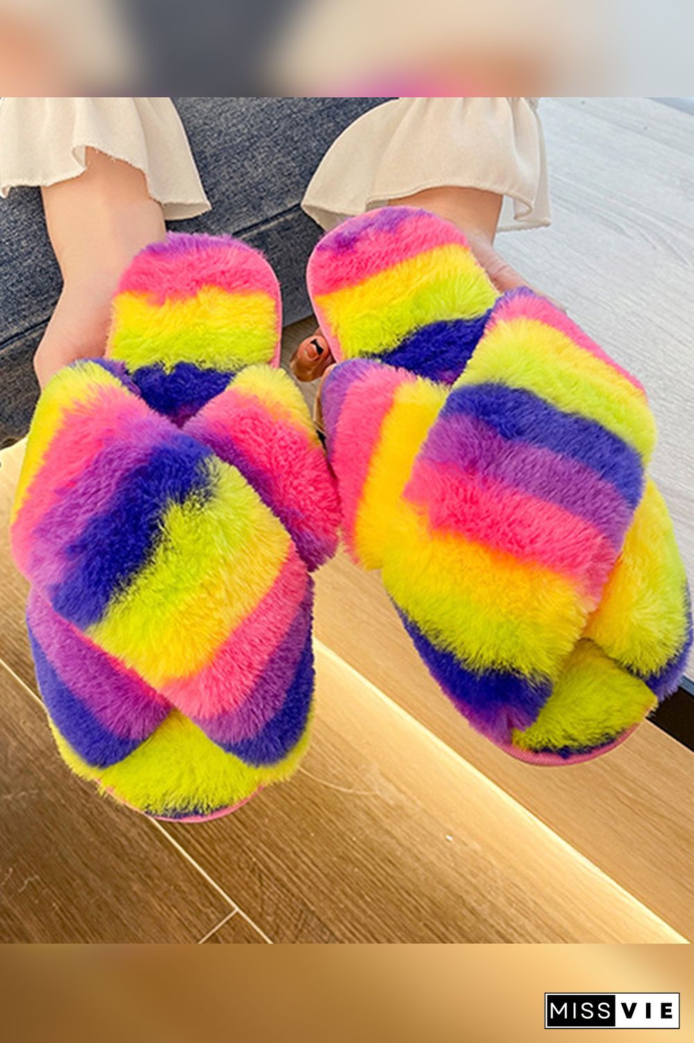 Multicolor Fluffy Criss-cross Home Slippers Wholesale