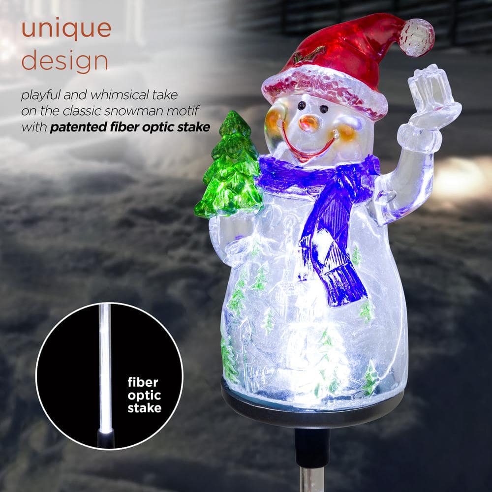 Alpine Corporation 34 in. Tall Solar Snowman Fiber Optic Garden Stake with LED Lights, Set of 2 QLP1103SLR-2