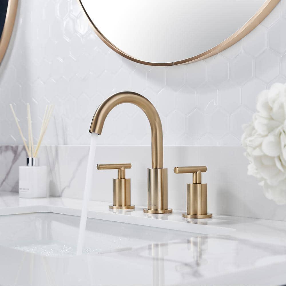 FORIOUS TwoHandle Bathroom Faucet 3Hole Widespread Bathroom Sink Faucet with Metal Drain and Supply Hose Gold