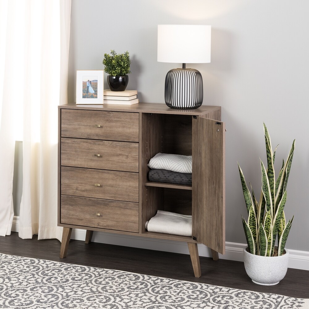 Prepac Milo Mid Century Modern 4 Drawer Combo Dresser  Chest of Drawers With Door  Contemporary Bedroom Furniture