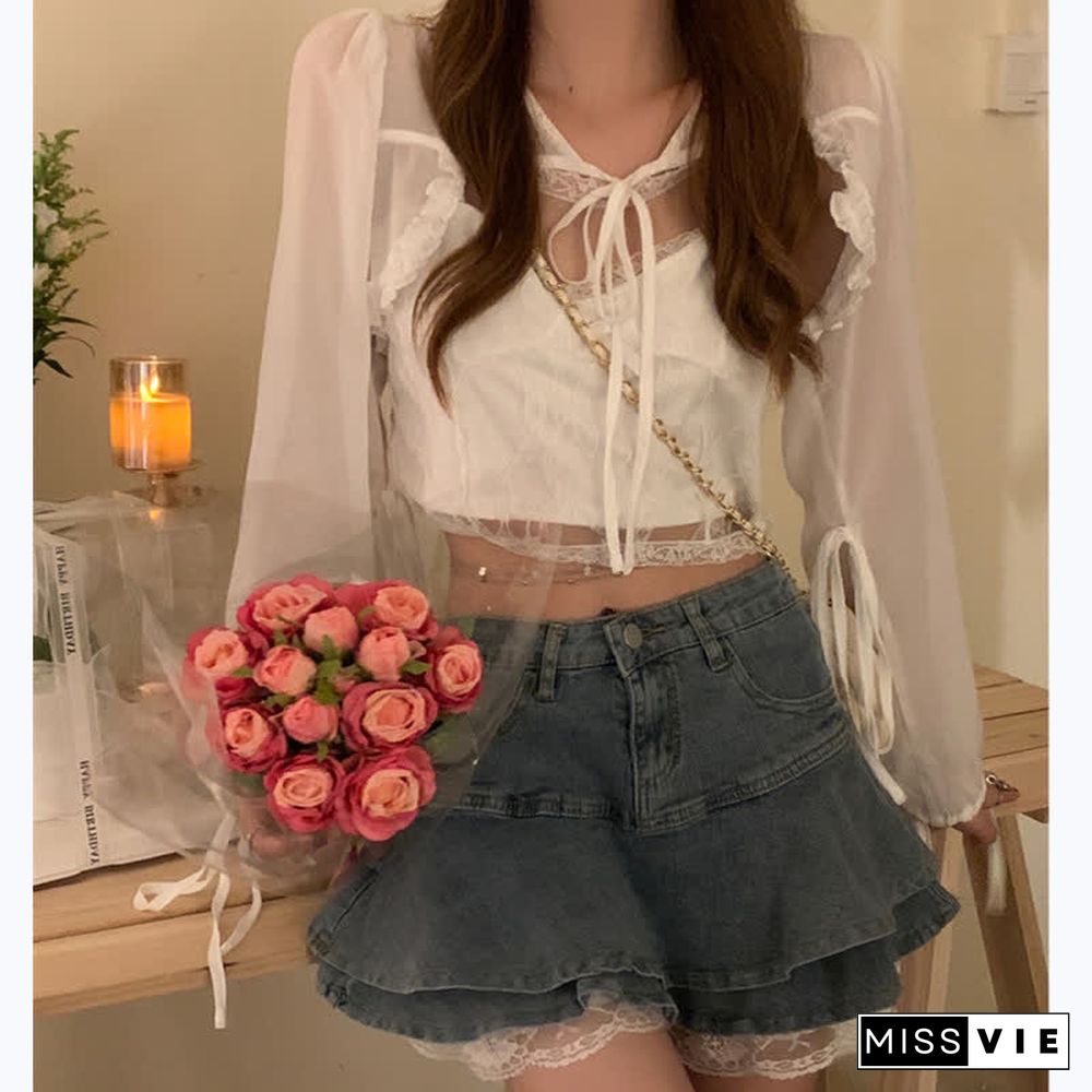 Chiffon Cardigan Lace Cami Top Undershorts High Waist Tiered Mini Denim Skirt