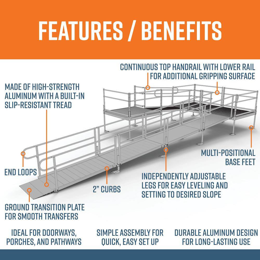 EZ-ACCESS PATHWAY 30 ft. U-Shaped Aluminum Wheelchair Ramp Kit with Solid Surface Tread 2-Line Handrails and (3) 5 ft. Platforms PS30U55TTS