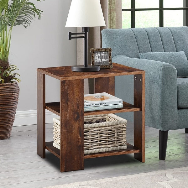 3-Tier End Table w/ Storage Shelf， Wood Side Table， Small Coffee Table - 17.7“