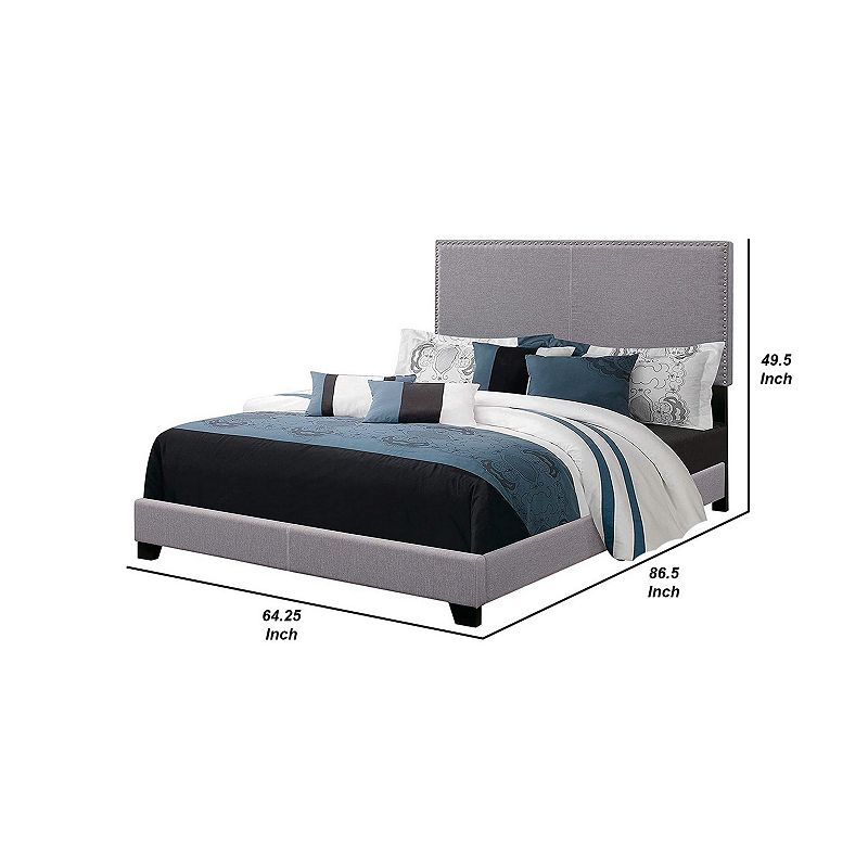 Fabric Upholstered Queen Size Platform Bed with Nail Head Trim， Gray