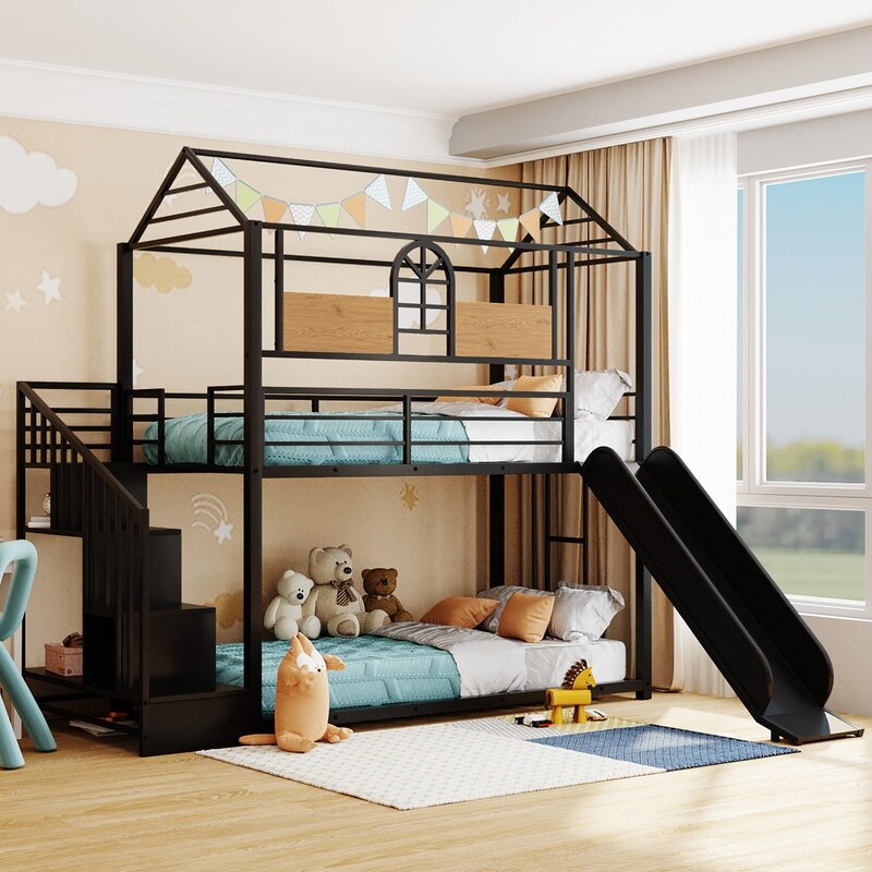 Twin Over Twin Metal Bunk Bed  Metal Housebed with Slide and Storage Stair White with White Slide