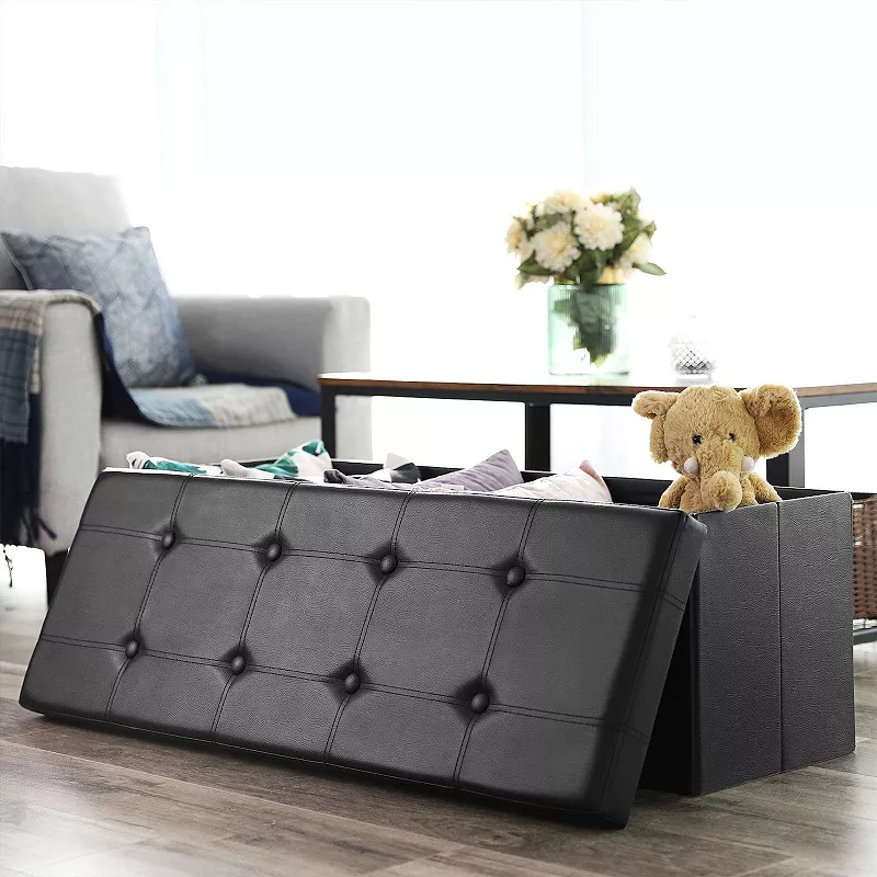 Faux Leather Folding Storage Ottoman Bench， Storage Chest Footrest Padded Seat