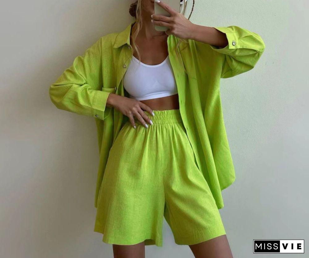 Fashion Solid Color Long Sleeves Shirt Loose Shorts Suit