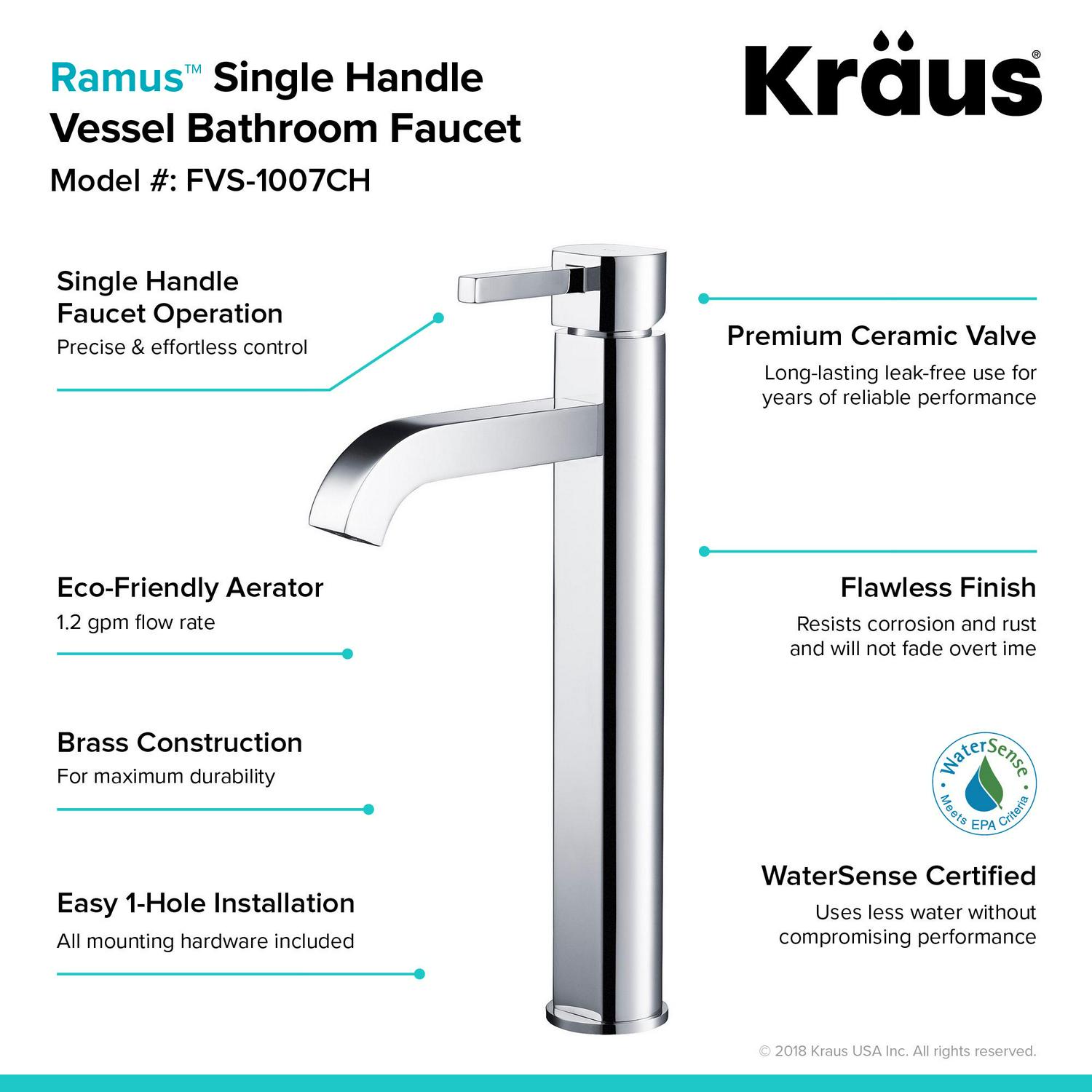 KRAUS Ramusa c Tall Vessel Bathroom Faucet， Chrome Finish