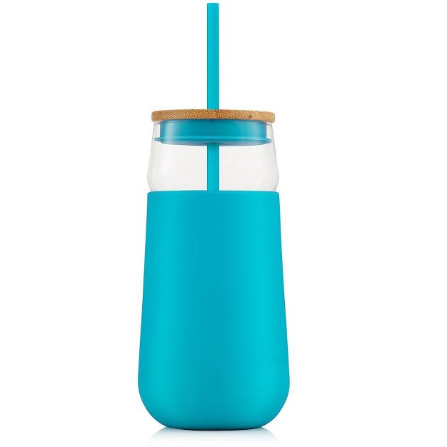 Joyjolt Glass Tumbler With 1 Straws amp Non Slip Silicone Sleeve 20 Oz Aqua