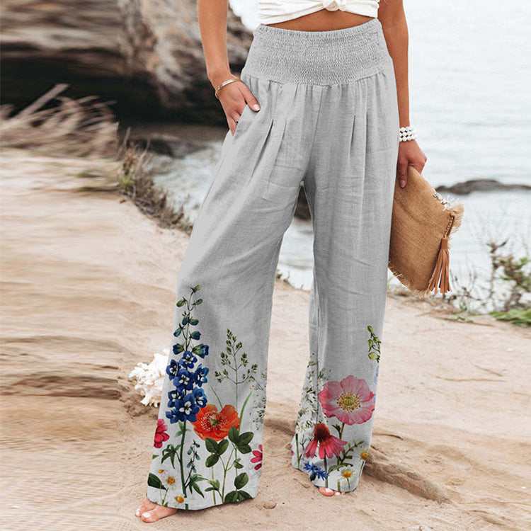 Elastic Printing High Waist Casual Wide Leg Pants With Pockets