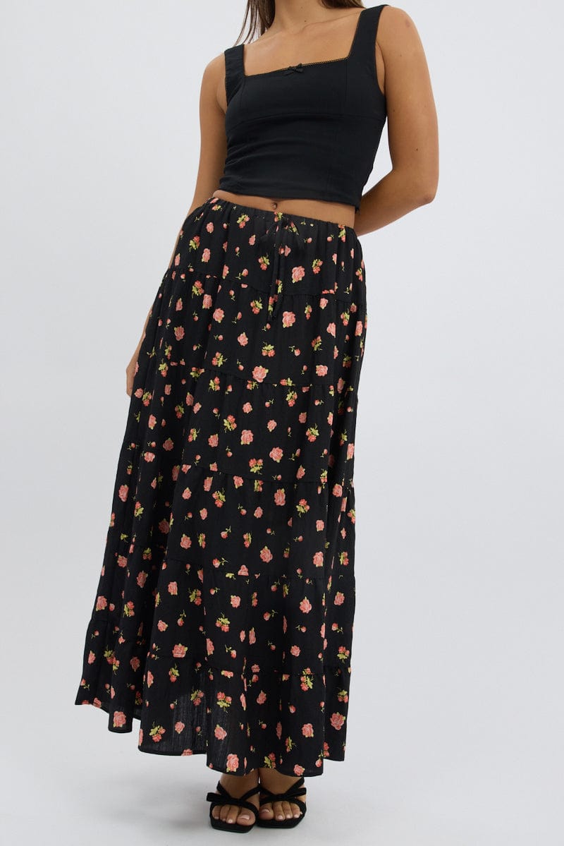 Black Ditsy Maxi Skirt Tiered High Rise