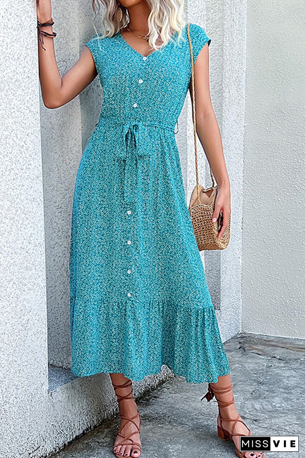 V Neck Button Down Floral Maxi Dress