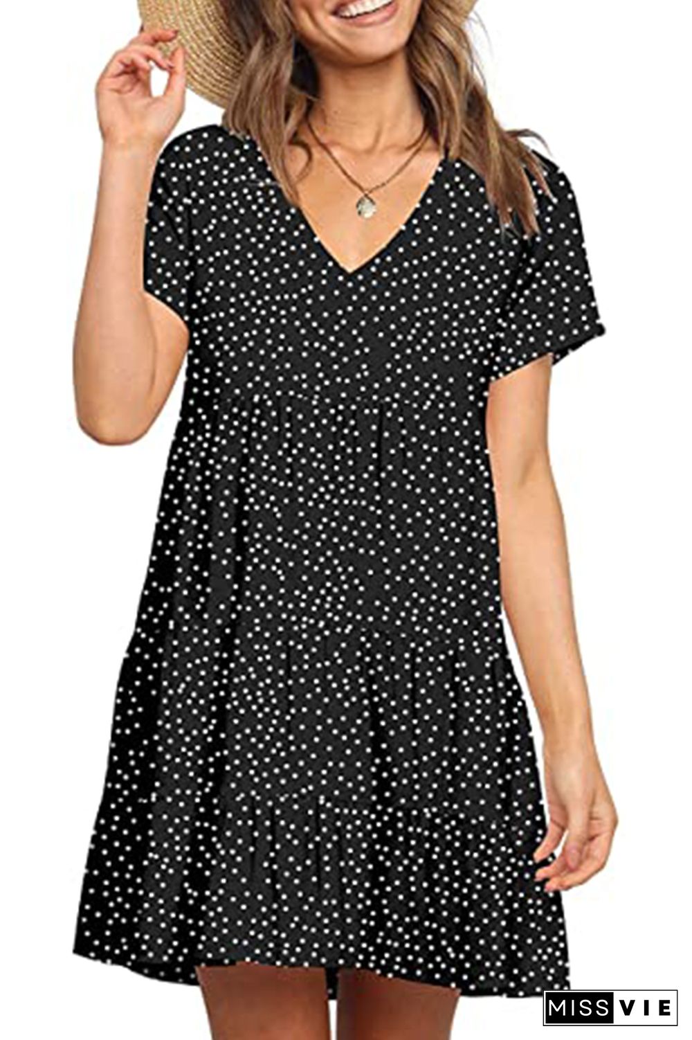 Polka Dot Print V-neck Short Sleeve Mini Dress Wholesale