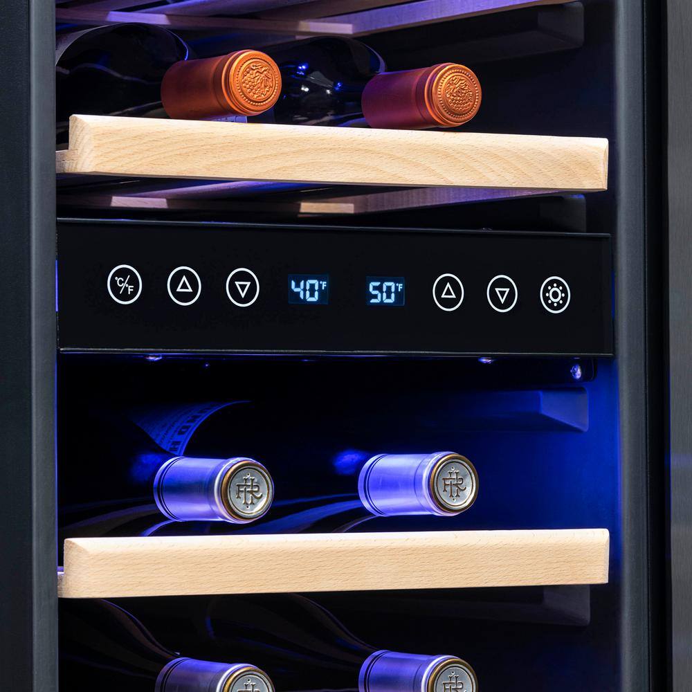 NewAir Dual Zone 15 in. 29-Bottle Built-In Wine Cooler Fridge with Quiet Operation and Beech Wood Shelve Black Stainless Steel NWC029BS00