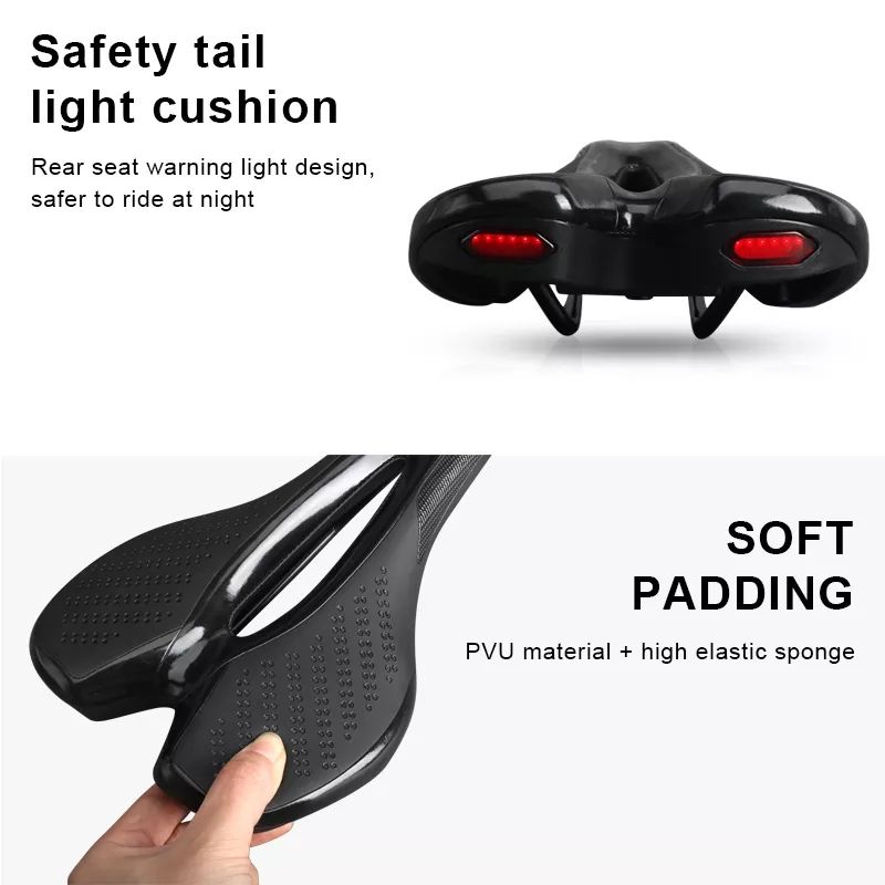 RIDERACE Road Bike Saddle With Warning Taillight USB Charging MTB PU Breathable Seat Mountain Cycling Racing Soft Seat Cushion