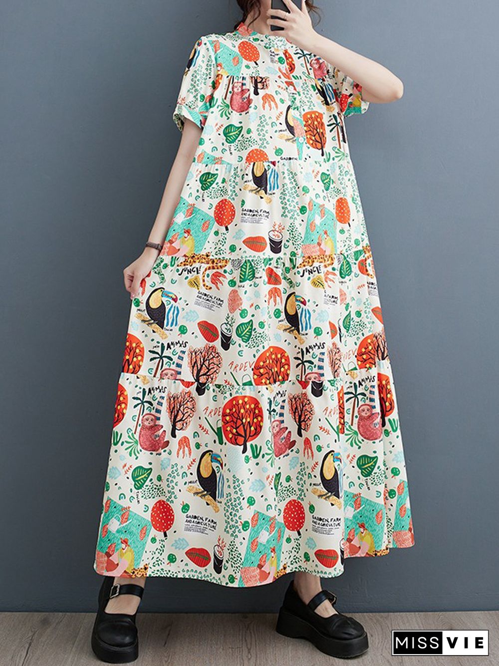 Loose Short Sleeves Buttoned Printed Split-Joint Stand Collar Midi Dresses