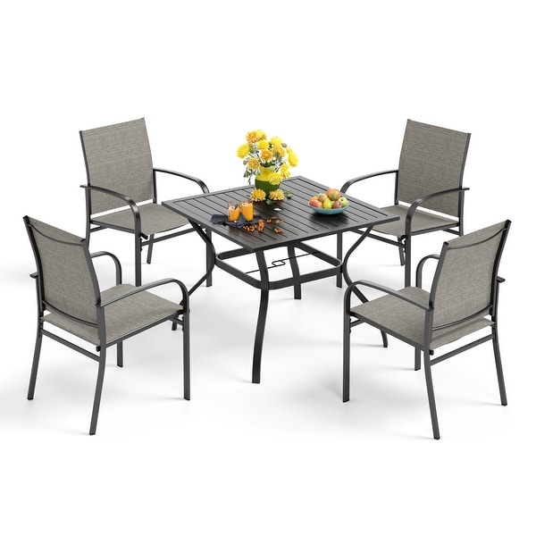 MAISON ARTS 6Piece Patio Dining Set，37 Inch Square Metal Table and 4 Textilene Dining Chairs with 9ft Patio Umbrella