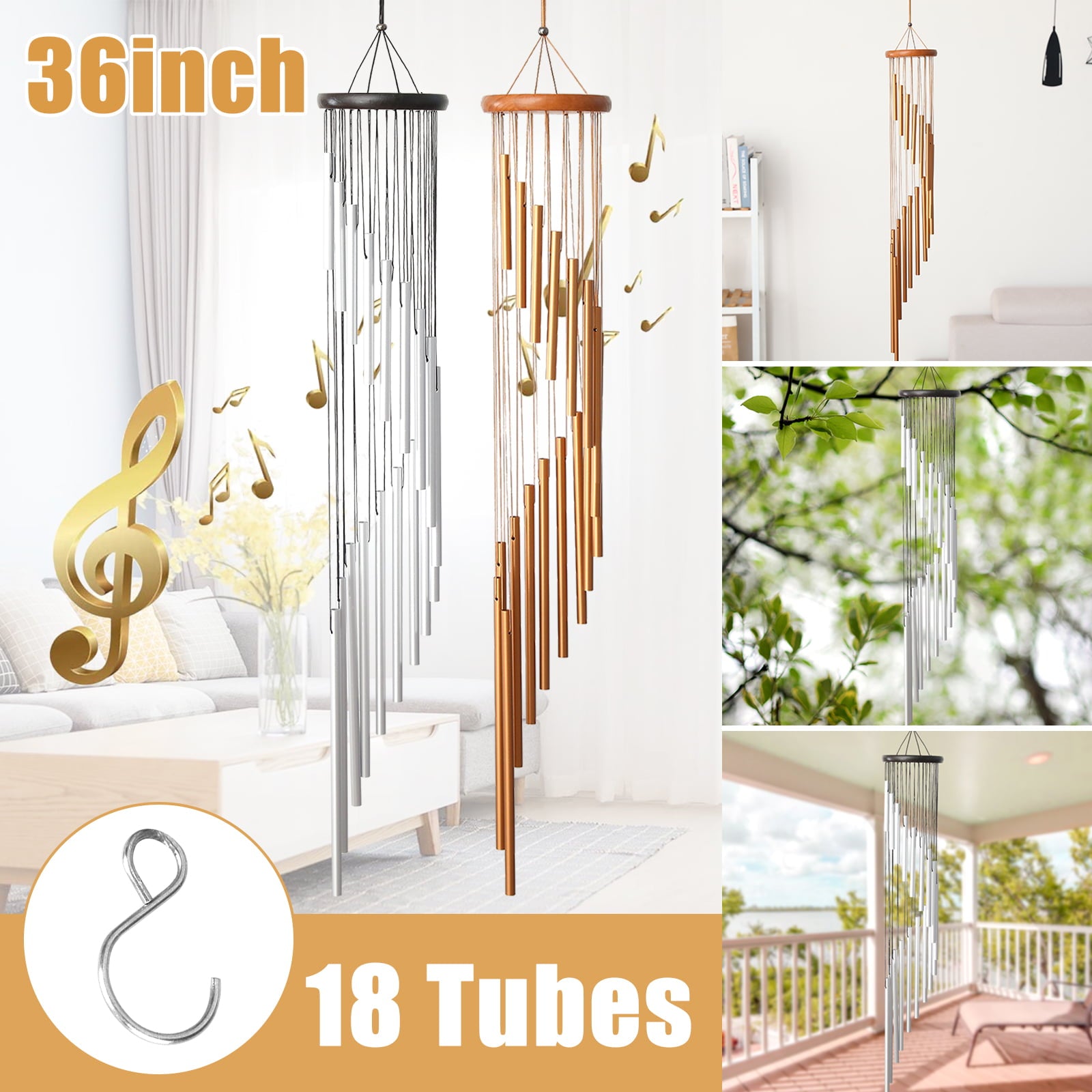 TSV Outdoor Memorial 36Inch Wind Chimes with 18 Tubes， Durable Aluminum Alloy Wind Chime with Melodious Sound and Excellent Design， Elegant Chime for Garden Patio Decor， Gift for Mom (Silver/Golden)