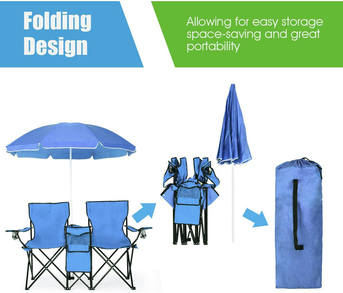 Outdoor Picnic Chairs， Folding Camping Chair with Cup Holder and Storage Pocket Carry Bag， Blue