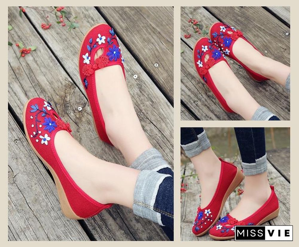 3D Flowers Women Linen Slip On Ballet Flats Breathable Fabric Shoes