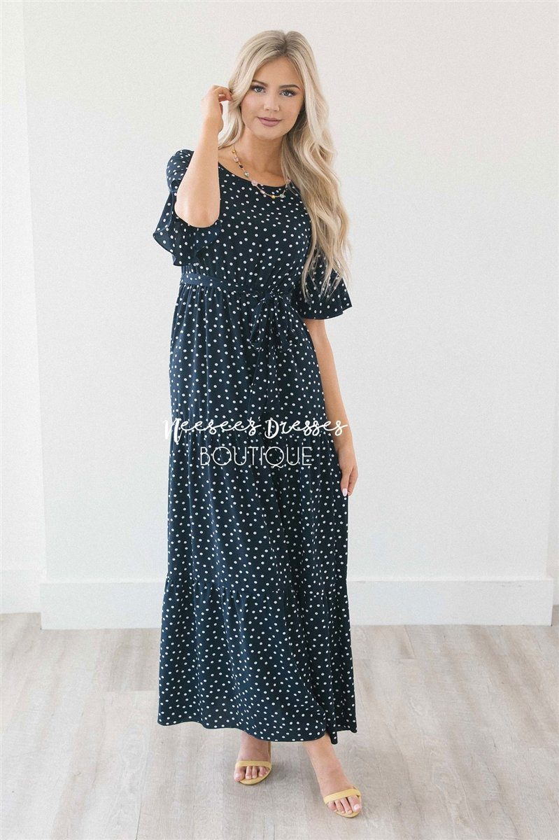 Polka Dot Flutter Sleeve Tiered Maxi Dress