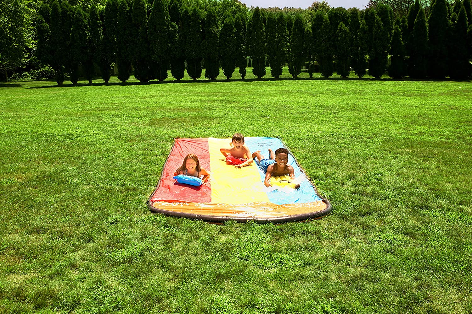 Intera Triple Lane Slip, Splash and Slide for Backyards | Water Splash Slide Waterslide with 3 Boogie Boards | 16 Foot Three Sliding Racing Lanes with Sprinklers | Durable Quality PVC Construction