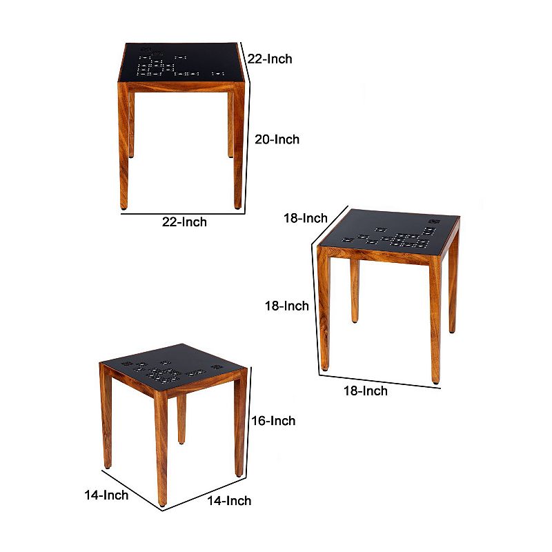 Alba 22 Inch 3 Piece Nesting Table Set， Laser Cut Metal， Black， Brown